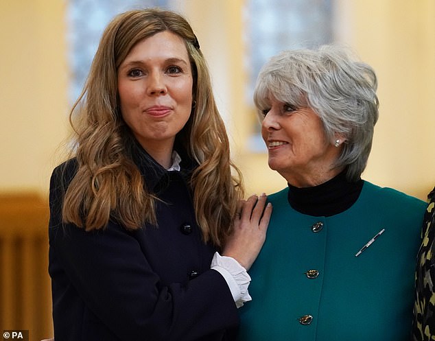 Carrie Johnson (left) and Joanna Simpson's mother Diana Parkes in Westminster, London, for the launch of a campaign to prevent release of Robert Brown on March 1, 2023